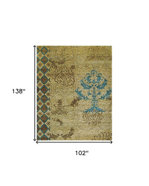 HomeRoots 4' Hand-Knotted Floral Area Rug in Tan, Blue, and Brown – Artisanal Elegance for Any Space 8' X 12' 565536