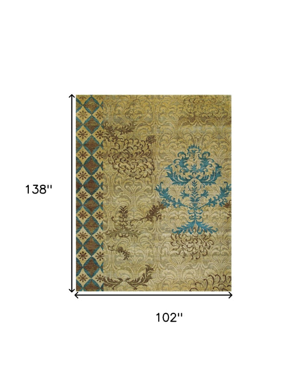 HomeRoots 4' Hand-Knotted Floral Area Rug in Tan, Blue, and Brown – Artisanal Elegance for Any Space 8' X 12' 565536