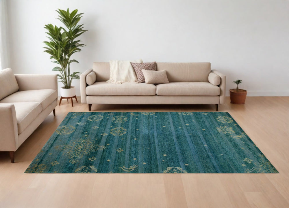 HomeRoots 6' Hand-Knotted Striped Area Rug in Tan, Blue, and Green - Artisan Crafted for Timeless Elegance 8' X 10' 565538