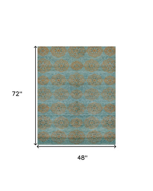 HomeRoots 4' Hand-Knotted Floral Area Rug in Muted Green, Blue & Taupe – Vintage Charm for Any Space 4' X 6' 565539