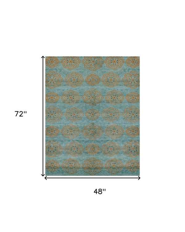 HomeRoots 4' Hand-Knotted Floral Area Rug in Muted Green, Blue & Taupe – Vintage Charm for Any Space 4' X 6' 565539