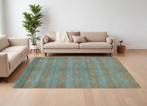 HomeRoots 4' Hand-Knotted Floral Area Rug in Muted Green, Blue & Taupe – Vintage Charm for Any Space 6' X 9' 565540