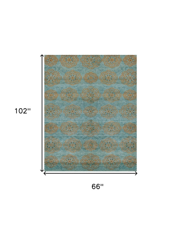 HomeRoots 4' Hand-Knotted Floral Area Rug in Muted Green, Blue & Taupe – Vintage Charm for Any Space 6' X 9' 565540