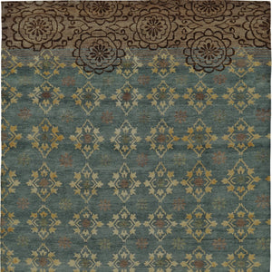 HomeRoots 6' Hand-Knotted Floral Area Rug in Green, Blue, and Brown - Timeless Elegance for Any Room 6' X 9' 565541