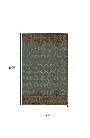 HomeRoots 6' Hand-Knotted Floral Area Rug in Green, Blue, and Brown - Timeless Elegance for Any Room 6' X 9' 565541