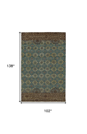 HomeRoots 6' Hand-Knotted Floral Area Rug in Green, Blue, and Brown - Timeless Elegance for Any Room 8' X 12' 565542