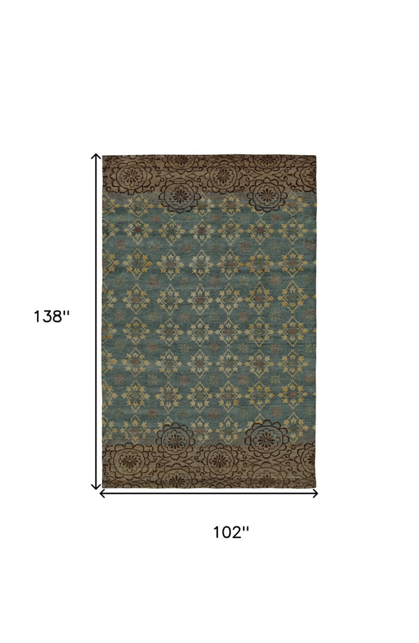 HomeRoots 6' Hand-Knotted Floral Area Rug in Green, Blue, and Brown - Timeless Elegance for Any Room 8' X 12' 565542