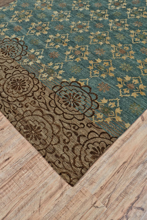 HomeRoots 6' Hand-Knotted Floral Area Rug in Green, Blue, and Brown - Timeless Elegance for Any Room 8' X 12' 565542