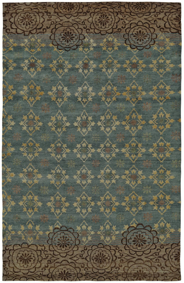 HomeRoots 6' Hand-Knotted Floral Area Rug in Green, Blue, and Brown - Timeless Elegance for Any Room 8' X 12' 565542
