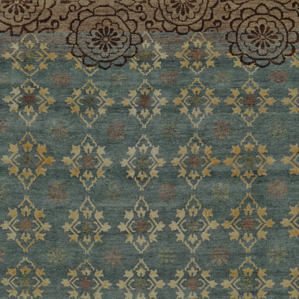 HomeRoots 6' Hand-Knotted Floral Area Rug in Green, Blue, and Brown - Timeless Elegance for Any Room 8' X 12' 565542