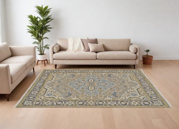 Homeroots 6' X 9' Blue Taupe And Tan Wool Oriental Hand Knotted Area Rug Taupe Wool 565543