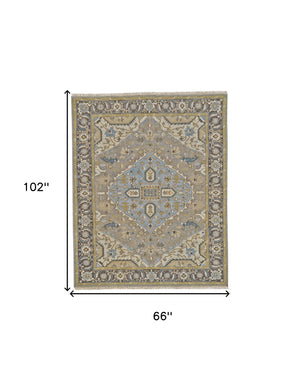 Homeroots 6' X 9' Blue Taupe And Tan Wool Oriental Hand Knotted Area Rug Taupe Wool 565543