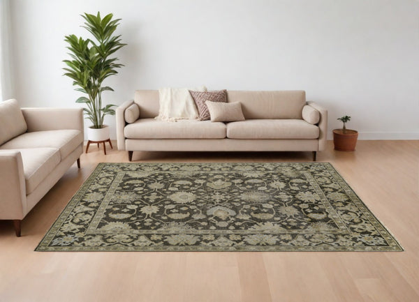 HomeRoots 8' X 10' Taupe Floral Hand-Knotted Wool Area Rug - Artisan Crafted Elegance for Timeless Interiors Gray 565544