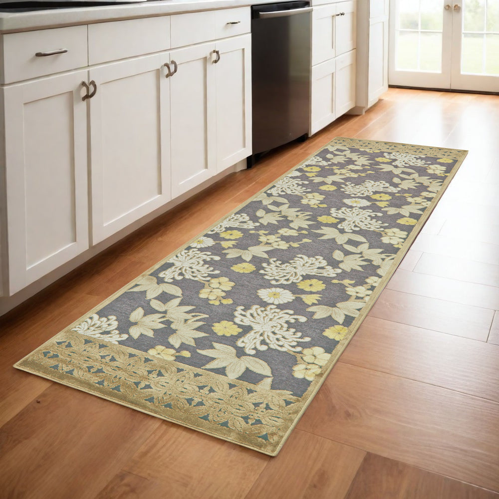 Homeroots 8' Ivory Brown And Gray Floral Power Loom Runner Rug Brown Viscose 565546