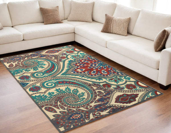 Homeroots 5' X 8' Tan Blue And Taupe Paisley Power Loom Area Rug Gray Viscose 565576