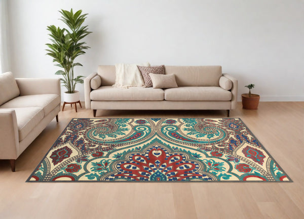 Homeroots 8' X 11' Tan Blue And Taupe Paisley Power Loom Area Rug Gray Viscose 565577