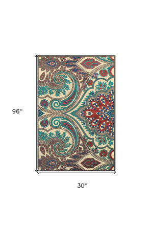 Homeroots 8' Tan Blue And Taupe Paisley Power Loom Runner Rug Gray Viscose 565578