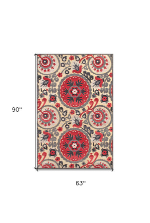 Homeroots 5' X 8' Tan Red And Taupe Paisley Power Loom Area Rug Red Viscose 565579