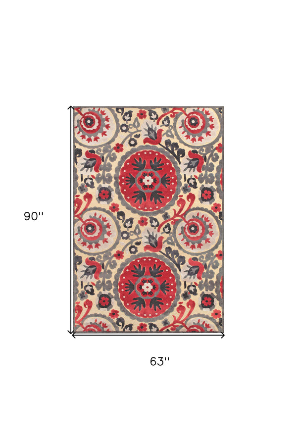 Homeroots 5' X 8' Tan Red And Taupe Paisley Power Loom Area Rug Red Viscose 565579