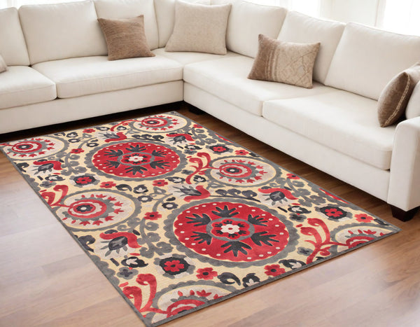 Homeroots 5' X 8' Tan Red And Taupe Paisley Power Loom Area Rug Red Viscose 565579