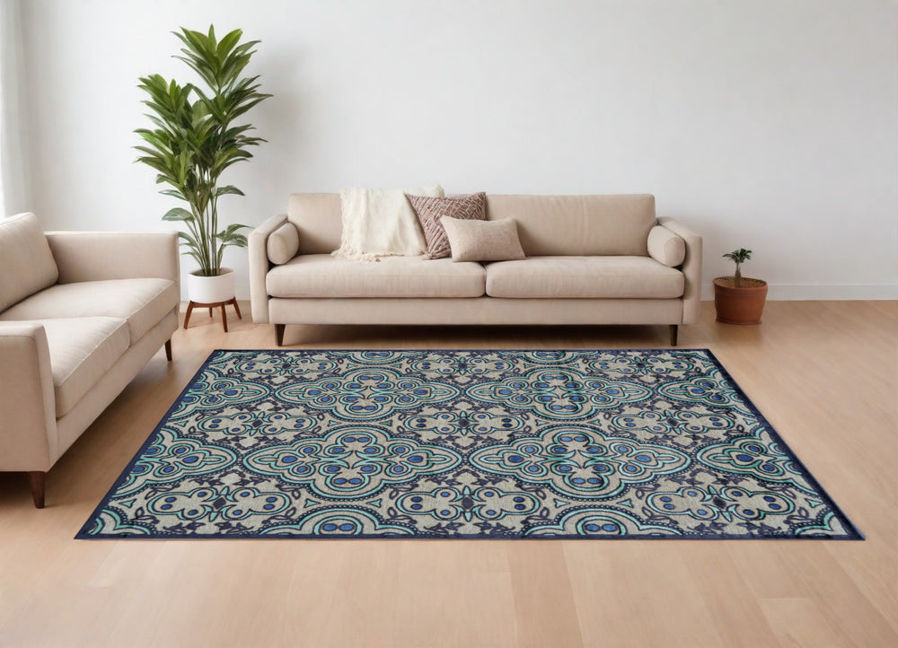 Homeroots 8' X 11' Tan Blue And Taupe Damask Power Loom Area Rug Gray Viscose 565587