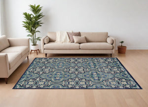Homeroots 8' X 11' Tan Blue And Taupe Damask Power Loom Area Rug Gray Viscose 565587