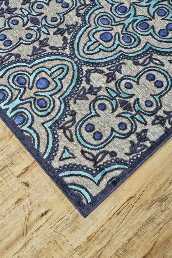 Homeroots 8' X 11' Tan Blue And Taupe Damask Power Loom Area Rug Gray Viscose 565587