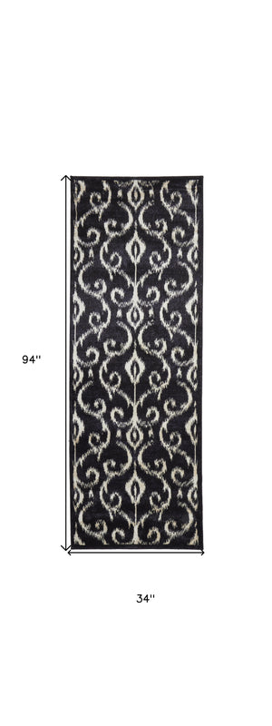 Homeroots 8' Black And Ivory Damask Power Loom Runner Rug Black Wool Blend 565616