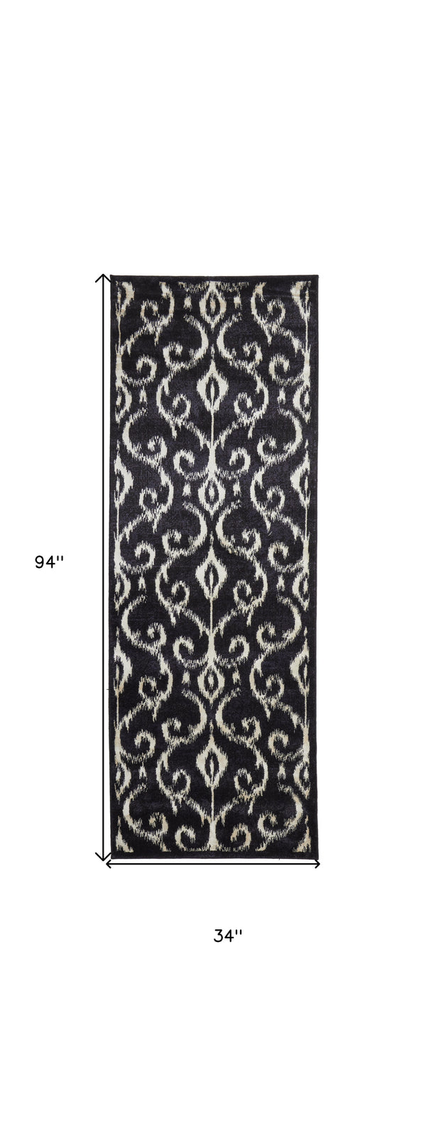 Homeroots 8' Black And Ivory Damask Power Loom Runner Rug Black Wool Blend 565616