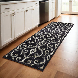 Homeroots 8' Black And Ivory Damask Power Loom Runner Rug Black Wool Blend 565616