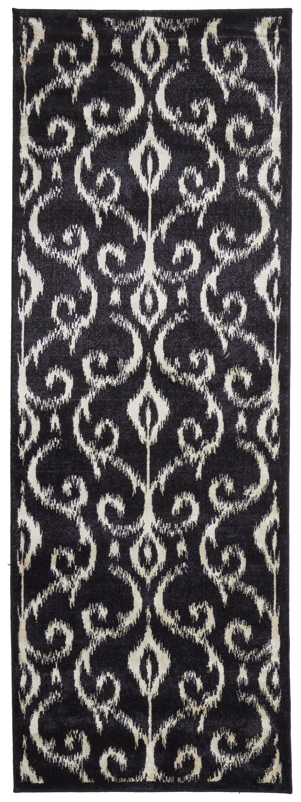 Homeroots 8' Black And Ivory Damask Power Loom Runner Rug Black Wool Blend 565616