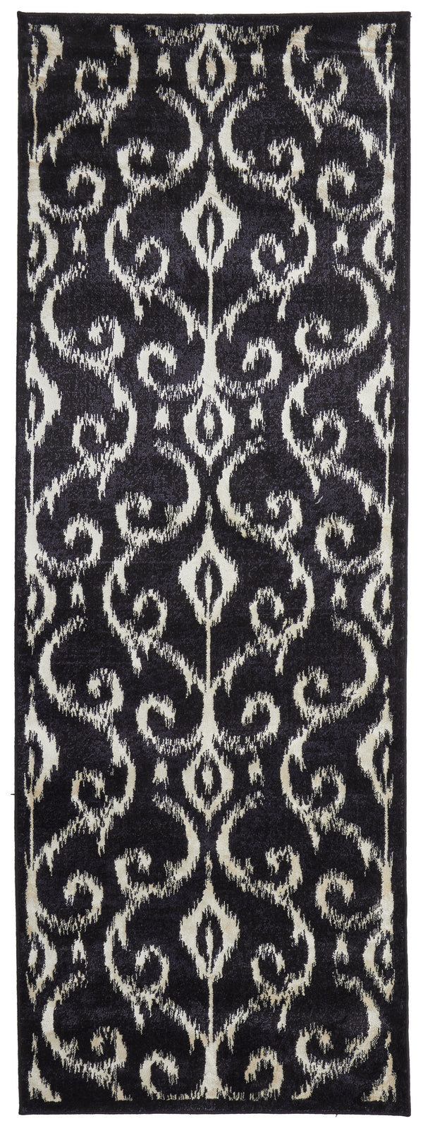 Homeroots 8' Black And Ivory Damask Power Loom Runner Rug Black Wool Blend 565616