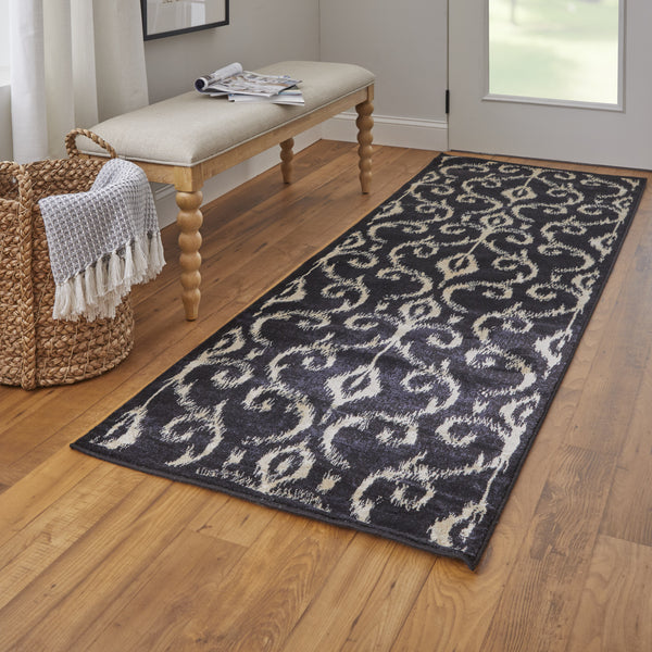 Homeroots 8' Black And Ivory Damask Power Loom Runner Rug Black Wool Blend 565616