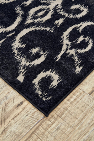 Homeroots 8' Black And Ivory Damask Power Loom Runner Rug Black Wool Blend 565616