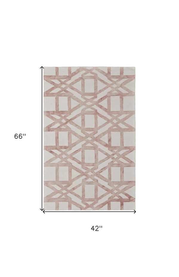 HomeRoots 4' Wool Geometric Area Rug in Ivory, Pink, and Tan - Stylish, Durable, and Perfect for Any Space 4' X 6' 565633