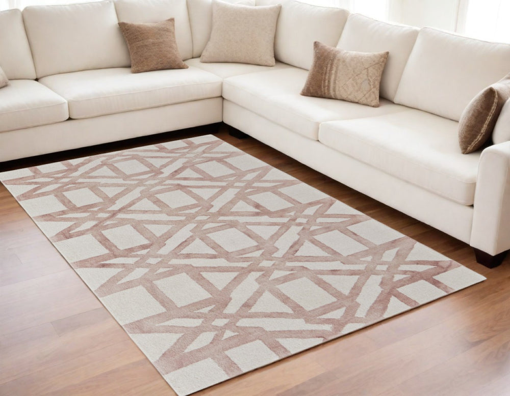 HomeRoots 4' Wool Geometric Area Rug in Ivory, Pink, and Tan - Stylish, Durable, and Perfect for Any Space 5' X 8' 565634