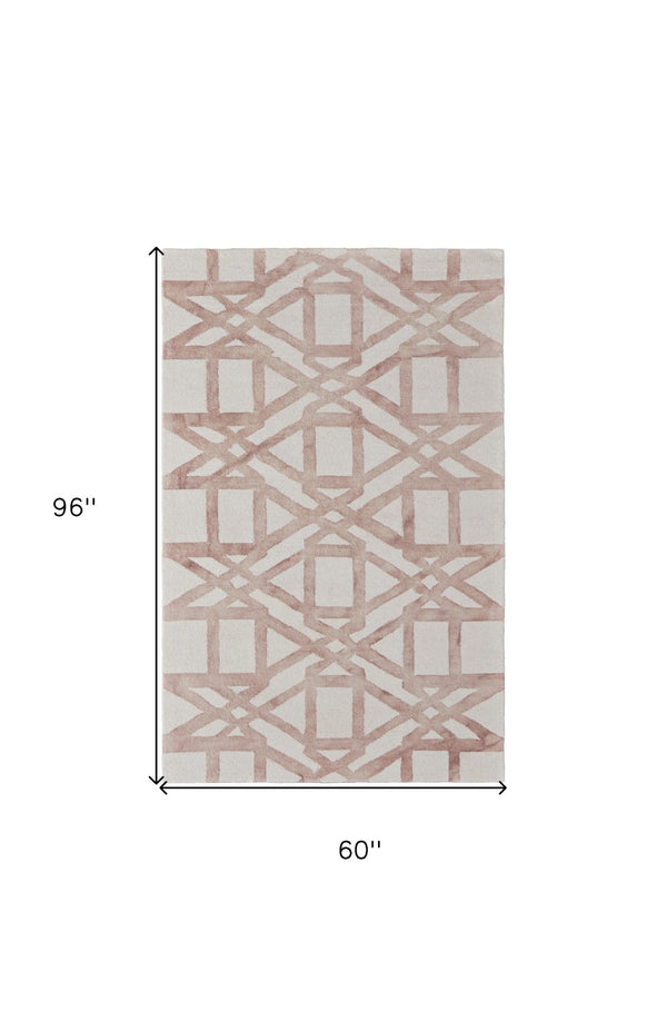 HomeRoots 4' Wool Geometric Area Rug in Ivory, Pink, and Tan - Stylish, Durable, and Perfect for Any Space 5' X 8' 565634