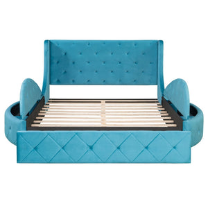 English Elm Upholstered Queen Platform Bed Velvet Wingback Storage Drawer with Side Stools LP100815AAC