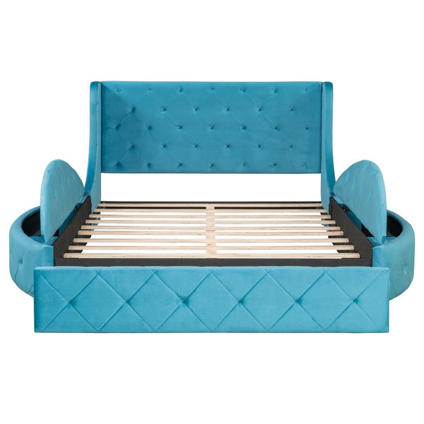 English Elm Upholstered Queen Platform Bed Velvet Wingback Storage Drawer with Side Stools LP100815AAC
