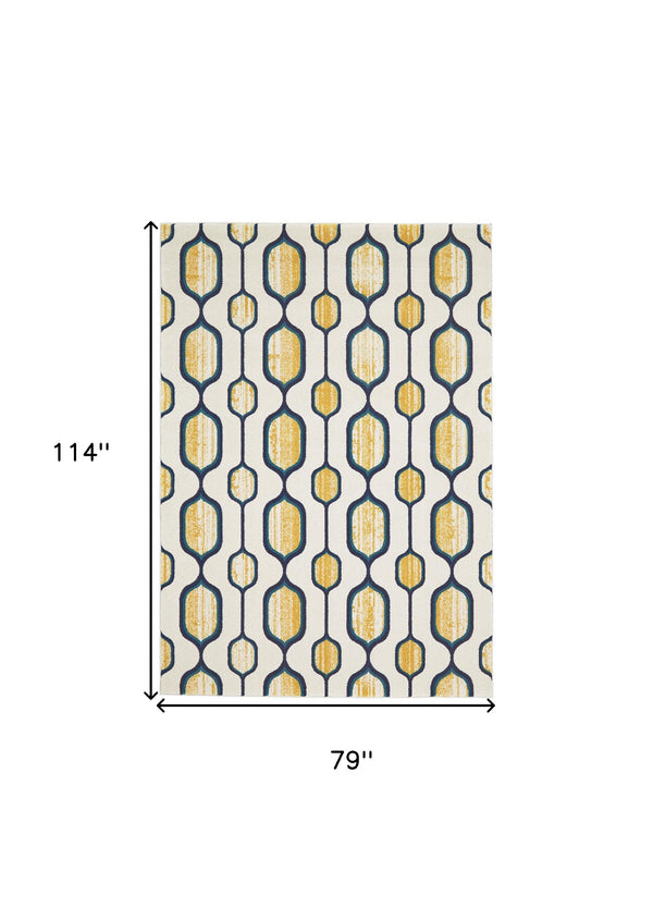 Homeroots 7' X 10' Ivory Blue And Yellow Geometric Power Loom Area Rug Ivory Polypropylene 565639