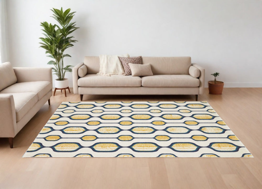 HomeRoots 10' Modern Ivory Blue and Yellow Geometric Area Rug for Stylish Living Spaces and Easy Care 10' X 13' 565641