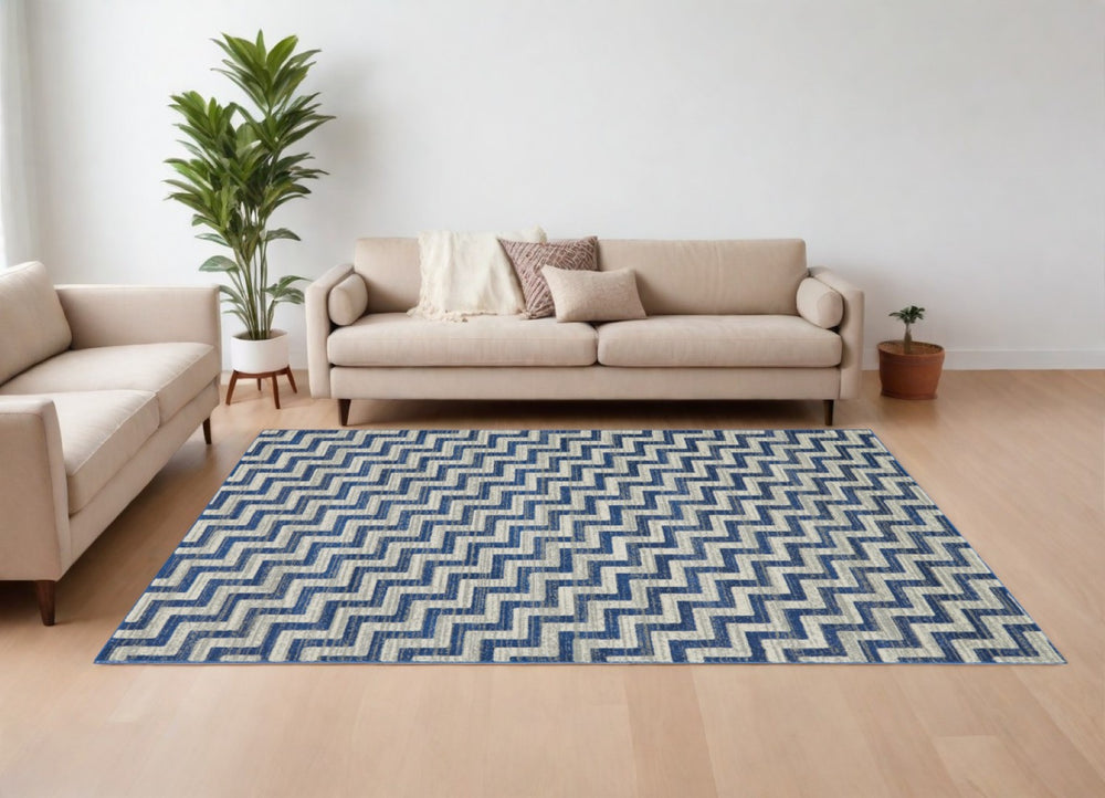 HomeRoots 10' Blue and Gray Chevron Area Rug - Durable, Stain-Resistant, Perfect for High-Traffic Spaces! 10' X 13' 565648