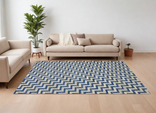 Homeroots 10' X 13' Blue And Gray Chevron Power Loom Area Rug Blue Polypropylene 565648