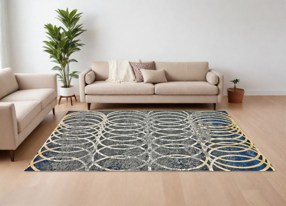 HomeRoots 10' Gray, Ivory & Blue Geometric Area Rug - Soft, Durable Power Loomed Design for Living Spaces 10' X 13' 565651