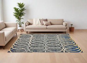 HomeRoots 10' Gray, Ivory & Blue Geometric Area Rug - Soft, Durable Power Loomed Design for Living Spaces 10' X 13' 565651