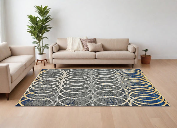 HomeRoots 10' Gray, Ivory & Blue Geometric Area Rug - Soft, Durable Power Loomed Design for Living Spaces 10' X 13' 565651