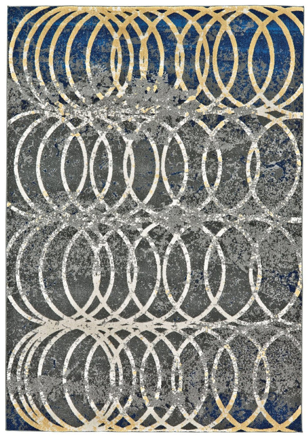 HomeRoots 10' Gray, Ivory & Blue Geometric Area Rug - Soft, Durable Power Loomed Design for Living Spaces 10' X 13' 565651