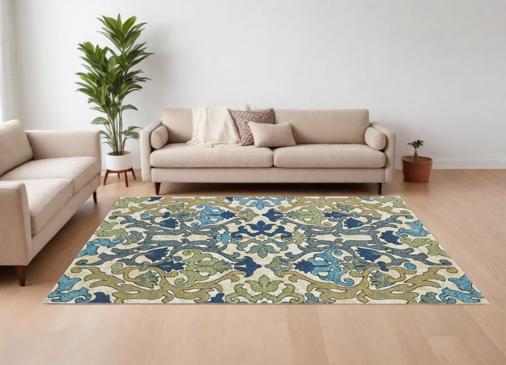 HomeRoots 7' Elegant Floral Area Rug in Green, Gray, and Tan – Durable, Stain-Resistant, and Stylish Design 7' X 10' 565652