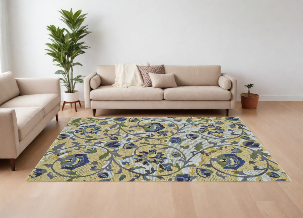 HomeRoots 10' Floral Power Loom Area Rug in Gold and Green – Elegant, Stain-Resistant Design for Any Room Ivory 565654