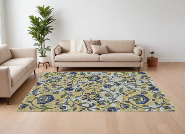 HomeRoots 10' Floral Power Loom Area Rug in Gold and Green – Elegant, Stain-Resistant Design for Any Room Ivory 565654